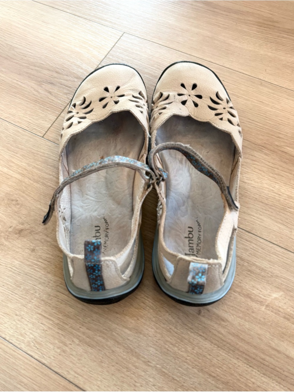 Jambu Beige Floral Cutout Mary Jane Mules with Blue Accent - Women’s Size 7.5
